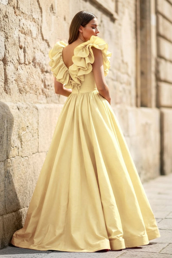 Red Ruffle V Neck Satin A - Line Long Prom Dresses - KissProm