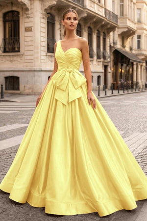 One Shoulder Satin A Line Prom Dress With Bow - KissProm