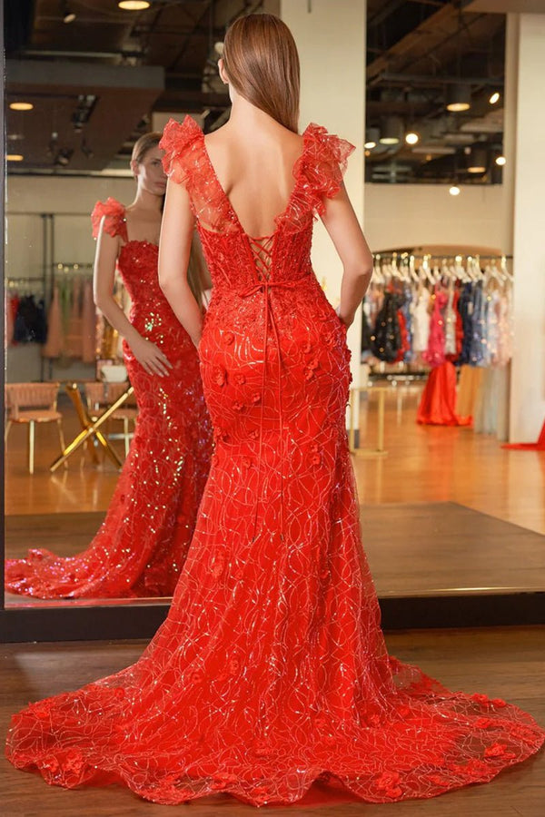 Yellow Ruffle Straps 3D Flower Mermaid Long Prom Dress – Prom Dress by KissProm | Available at KissProm