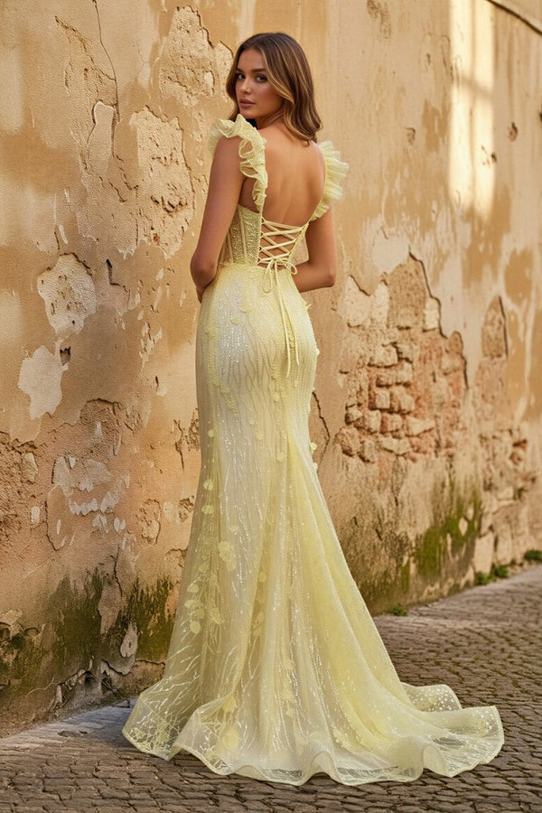 Yellow Ruffle Straps 3D Flower Mermaid Long Prom Dress – Prom Dress by KissProm | Available at KissProm