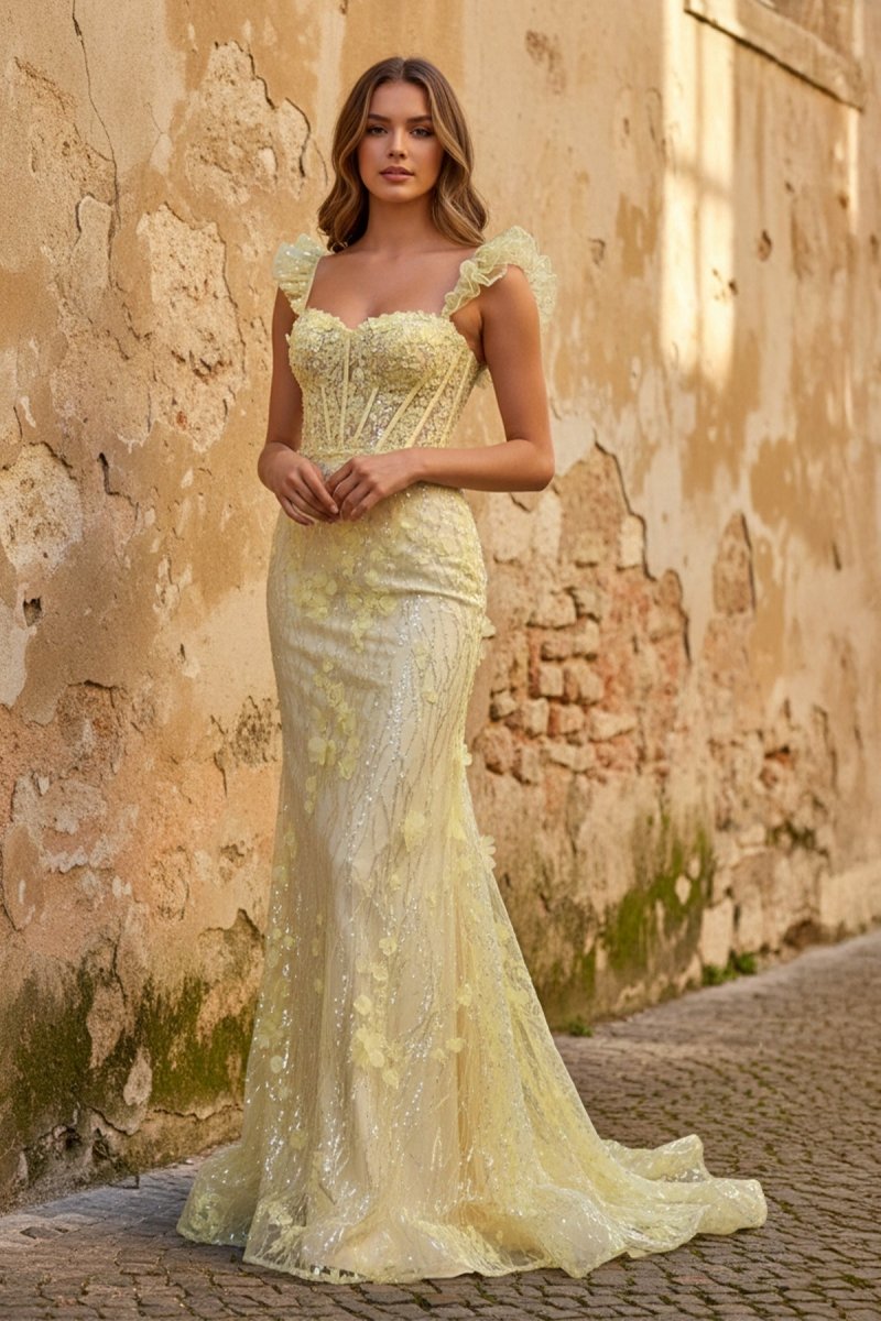 Yellow Ruffle Straps 3D Flower Mermaid Long Prom Dress – Prom Dress by KissProm | Available at KissProm
