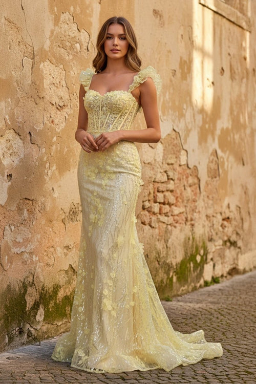 Yellow Ruffle Straps 3D Flower Mermaid Long Prom Dress – Prom Dress by KissProm | Available at KissProm