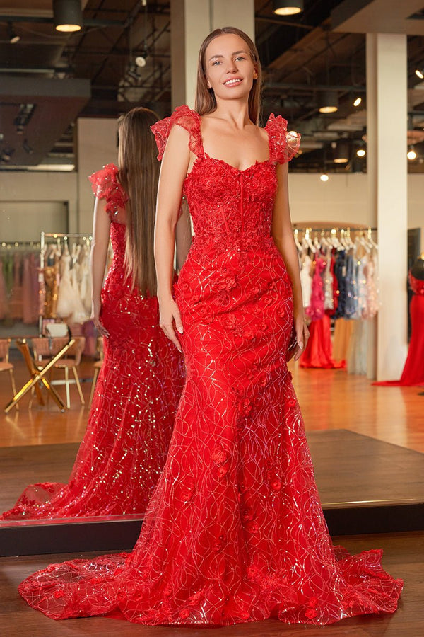 Yellow Ruffle Straps 3D Flower Mermaid Long Prom Dress – Prom Dress by KissProm | Available at KissProm