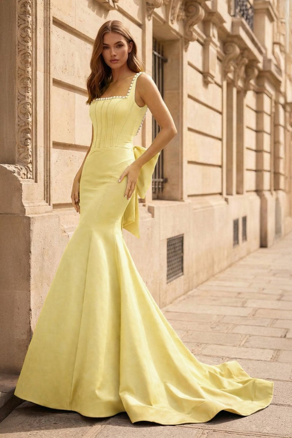 Black Square Neck Mermaid Satin Long Prom Dresses With Pearls – Prom Dress by KissProm | Available at KissProm
