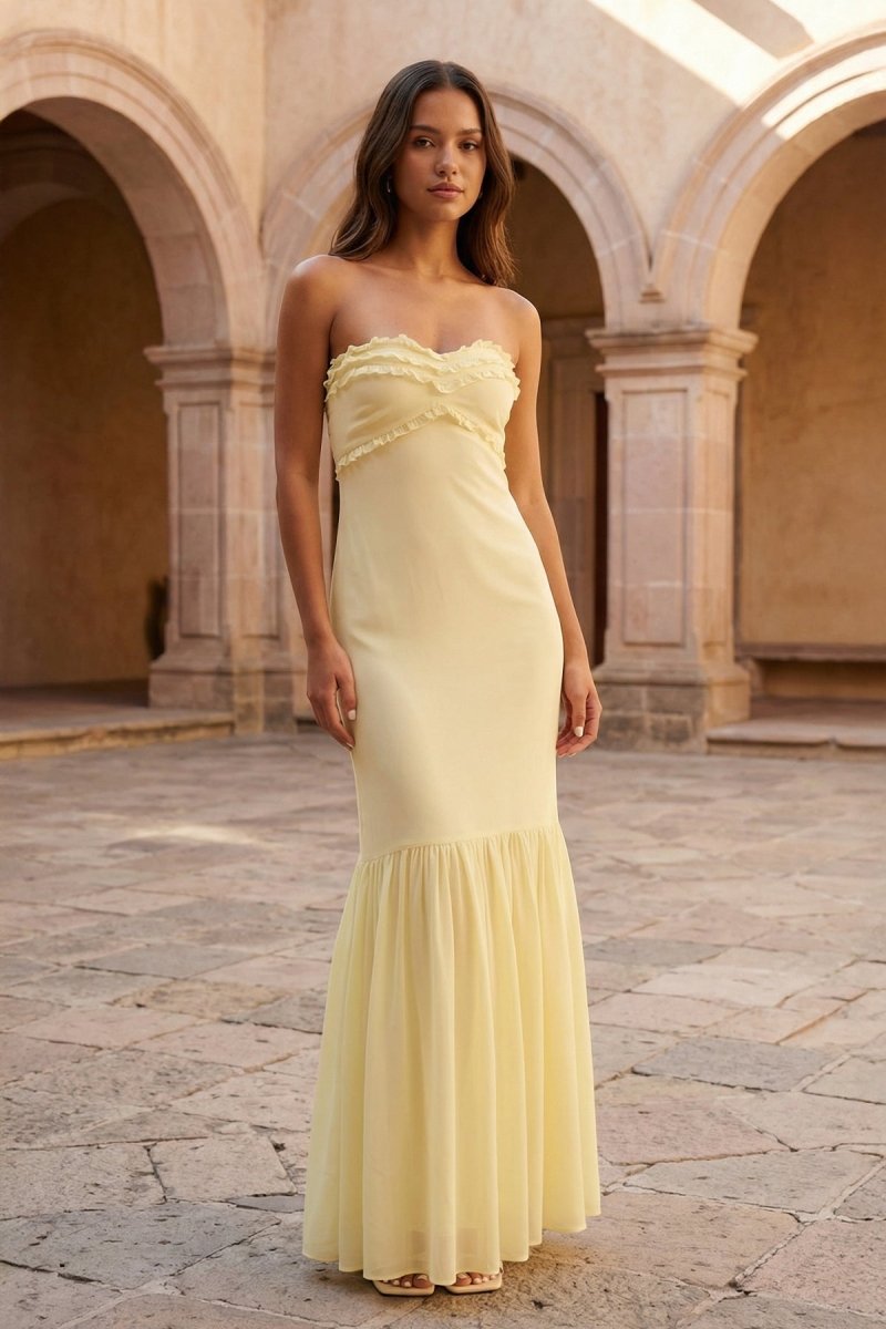 Yellow Strapless Sheath Chiffon Long Prom Dresses With Ruffles – Prom Dress by KissProm | Available at KissProm