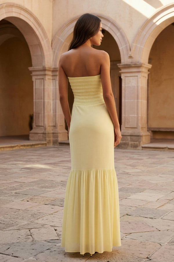 Yellow Strapless Sheath Chiffon Long Prom Dresses With Ruffles – Prom Dress by KissProm | Available at KissProm
