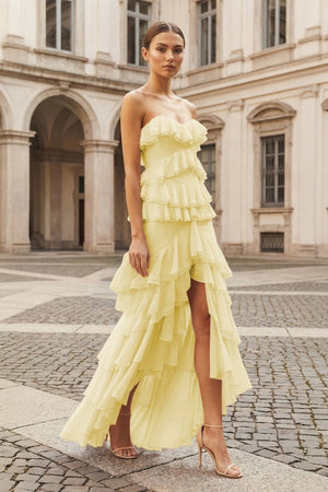 Pink Strapless Sheath Chiffon Ruffled Long Prom Dresses – Prom Dress by KissProm | Available at KissProm