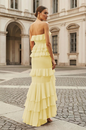 Pink Strapless Sheath Chiffon Ruffled Long Prom Dresses – Prom Dress by KissProm | Available at KissProm
