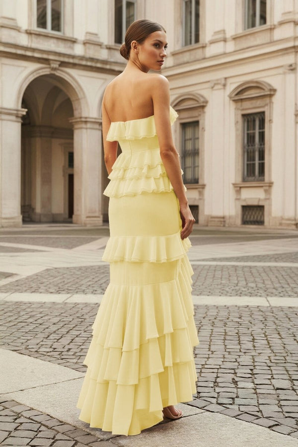 Pink Strapless Sheath Chiffon Ruffled Long Prom Dresses – Prom Dress by KissProm | Available at KissProm