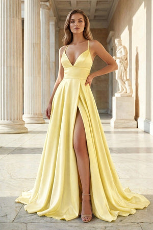 Pink Spaghetti Straps Satin Backless A Line Prom Dress With Pockets - KissProm