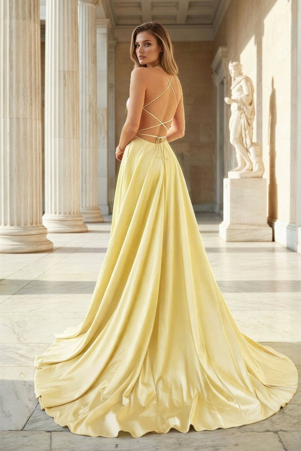 Pink Spaghetti Straps Satin Backless A Line Prom Dress With Pockets - KissProm