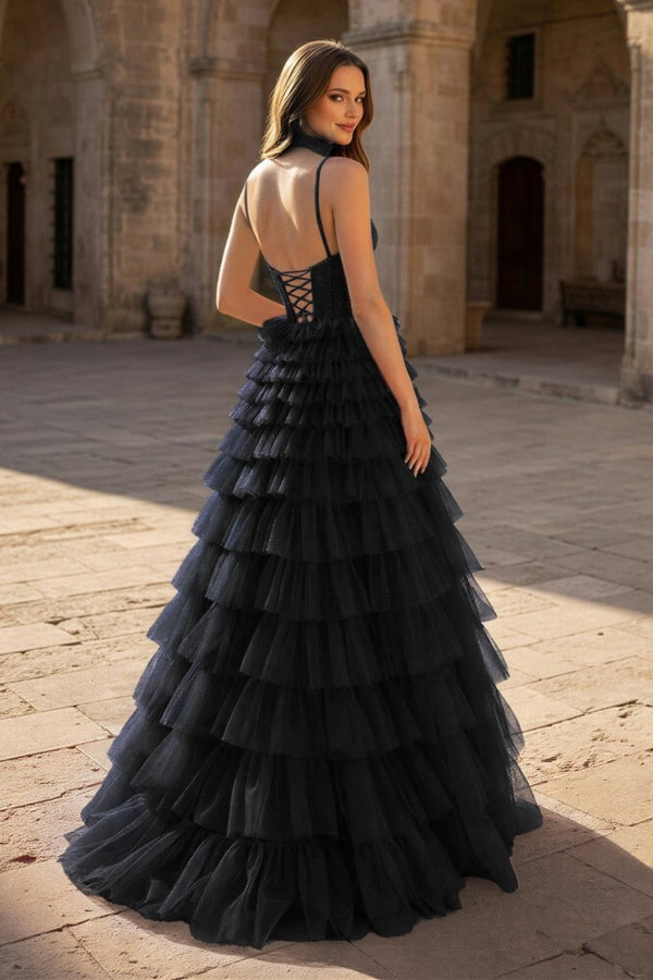Tulle A - Line Spaghetti Strap Beaded Long Tiered Prom Dress - KissProm
