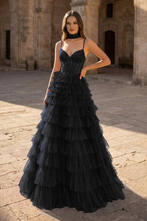 Tulle A - Line Spaghetti Strap Beaded Long Tiered Prom Dress - KissProm