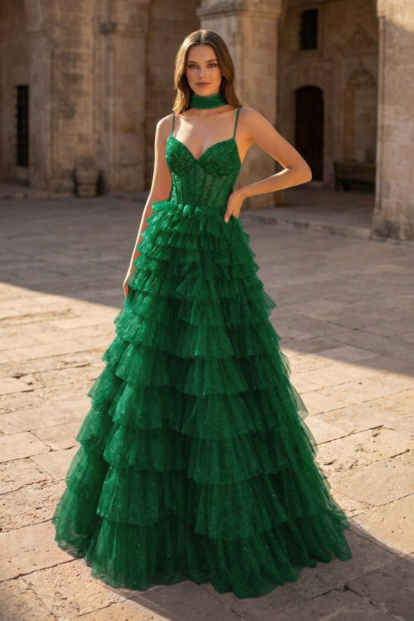 Tulle A - Line Spaghetti Strap Beaded Long Tiered Prom Dress - KissProm