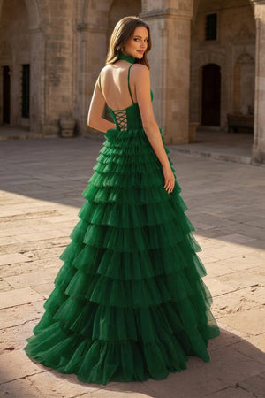 Tulle A - Line Spaghetti Strap Beaded Long Tiered Prom Dress - KissProm