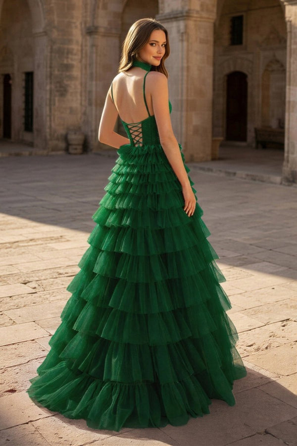 Tulle A - Line Spaghetti Strap Beaded Long Tiered Prom Dress - KissProm