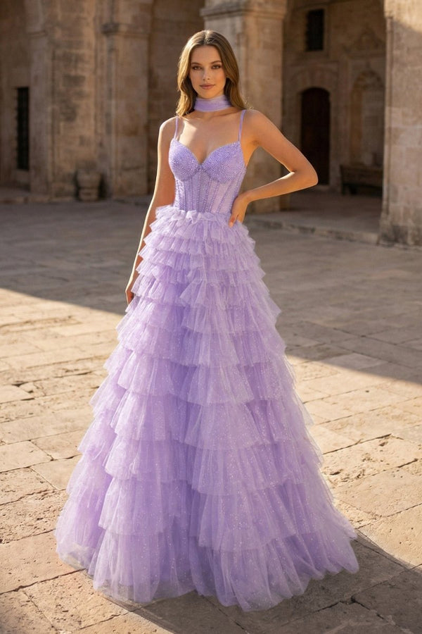 Tulle A - Line Spaghetti Strap Beaded Long Tiered Prom Dress - KissProm