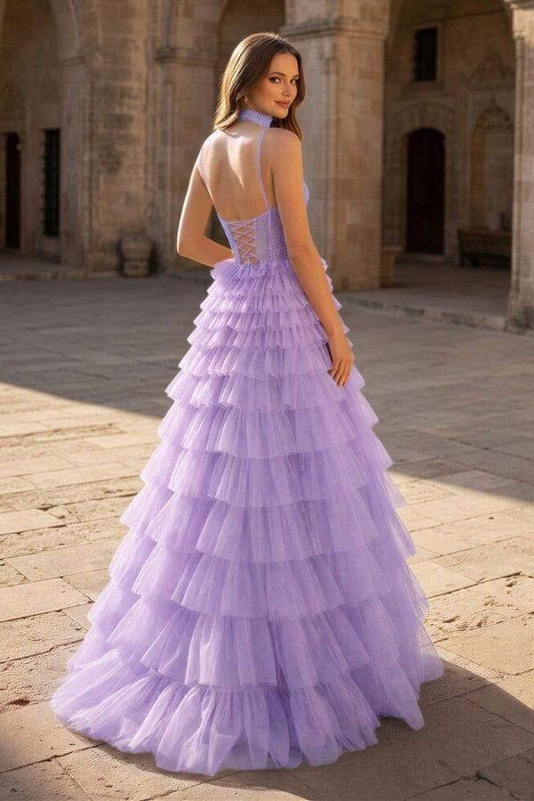 Tulle A - Line Spaghetti Strap Beaded Long Tiered Prom Dress - KissProm