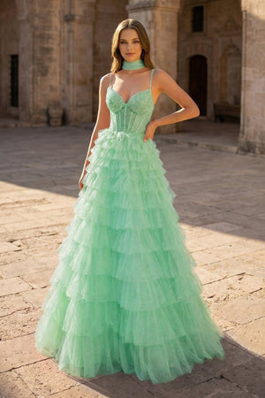 Tulle A - Line Spaghetti Strap Beaded Long Tiered Prom Dress - KissProm