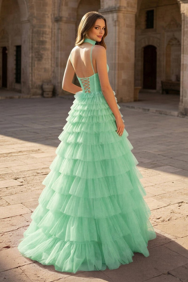 Tulle A - Line Spaghetti Strap Beaded Long Tiered Prom Dress - KissProm