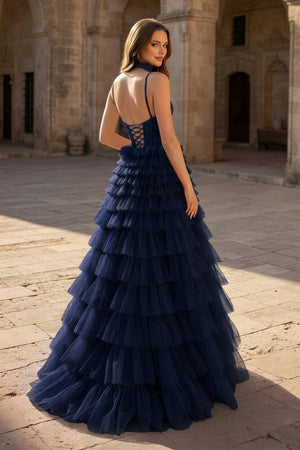 Tulle A - Line Spaghetti Strap Beaded Long Tiered Prom Dress - KissProm