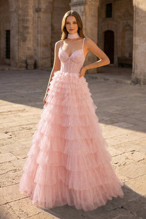 Tulle A - Line Spaghetti Strap Beaded Long Tiered Prom Dress - KissProm