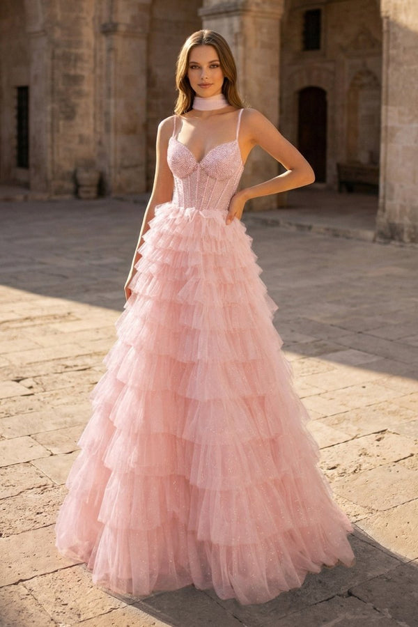 Tulle A - Line Spaghetti Strap Beaded Long Tiered Prom Dress - KissProm