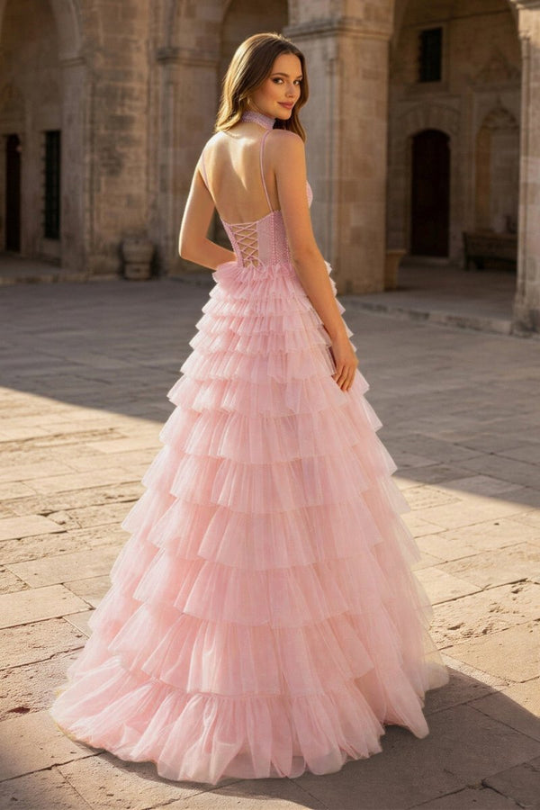 Tulle A - Line Spaghetti Strap Beaded Long Tiered Prom Dress - KissProm