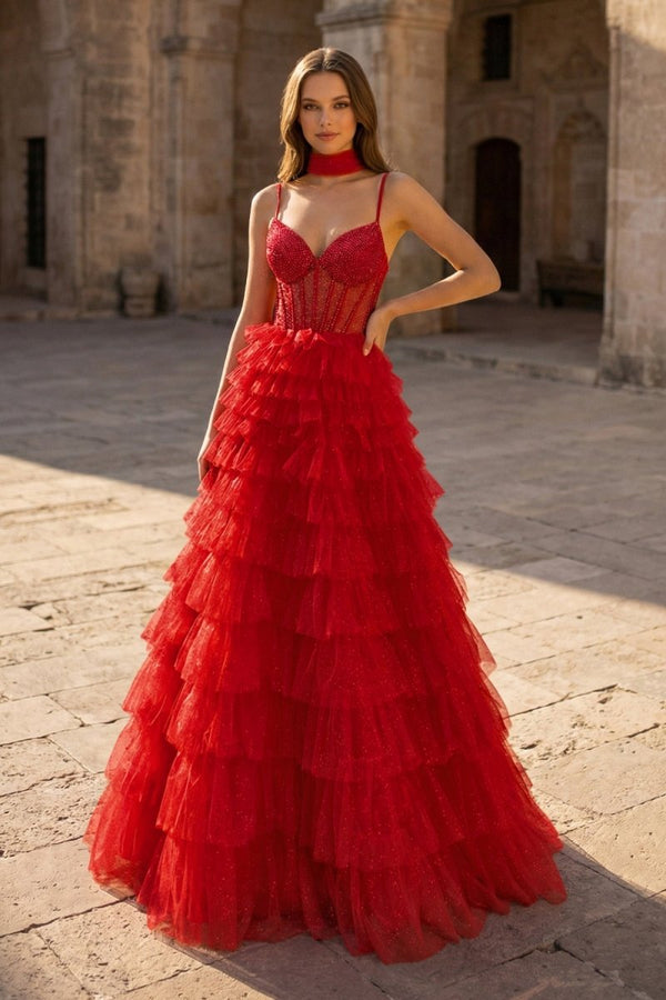 Tulle A - Line Spaghetti Strap Beaded Long Tiered Prom Dress - KissProm