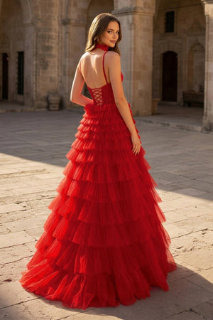 Tulle A - Line Spaghetti Strap Beaded Long Tiered Prom Dress - KissProm