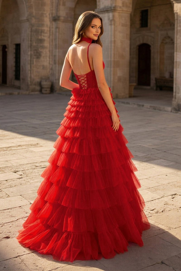 Tulle A - Line Spaghetti Strap Beaded Long Tiered Prom Dress - KissProm