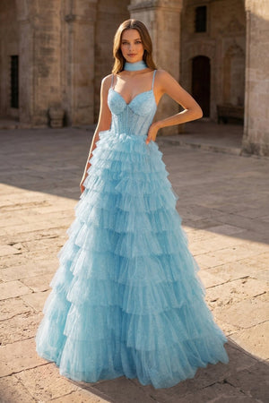 Tulle A - Line Spaghetti Strap Beaded Long Tiered Prom Dress - KissProm