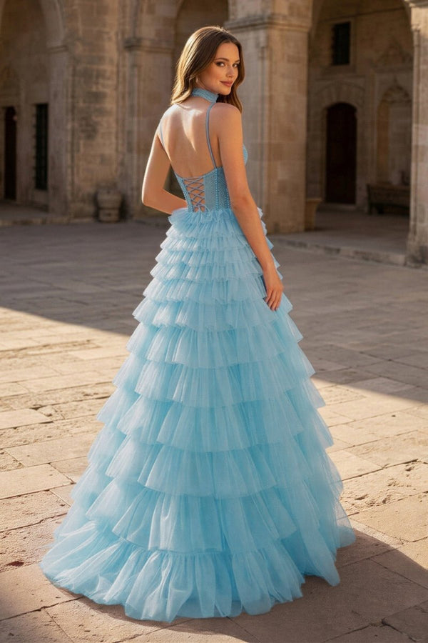 Tulle A - Line Spaghetti Strap Beaded Long Tiered Prom Dress - KissProm