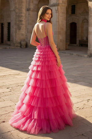 Tulle A-Line Spaghetti Strap Beaded Long Tiered Prom Dress - KISSPRPM PROM DRESSES