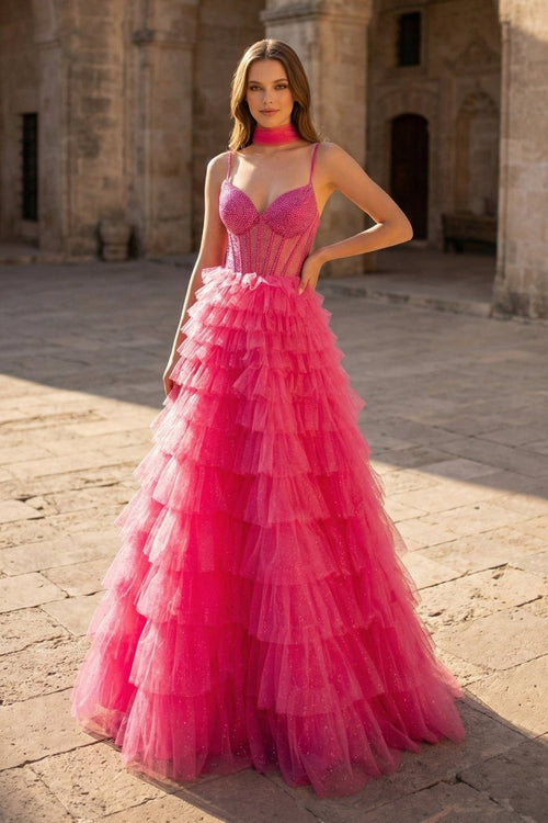 Tulle A-Line Spaghetti Strap Beaded Long Tiered Prom Dress - KISSPRPM PROM DRESSES