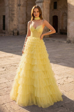 Tulle A - Line Spaghetti Strap Beaded Long Tiered Prom Dress - KissProm