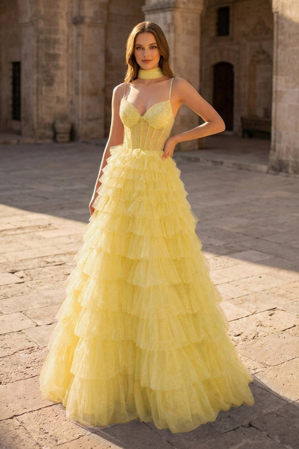 Tulle A - Line Spaghetti Strap Beaded Long Tiered Prom Dress - KissProm
