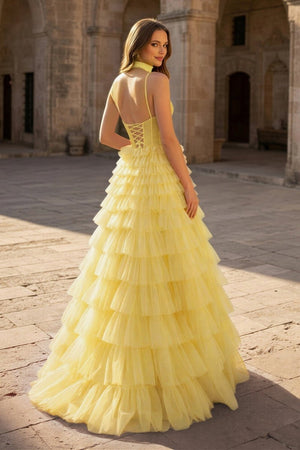 Tulle A - Line Spaghetti Strap Beaded Long Tiered Prom Dress - KissProm