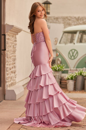 Charming Mermaid Strapless Pink Satin Long Prom Dresses with Appliques – Prom Dresses by KissProm | Available at KissProm