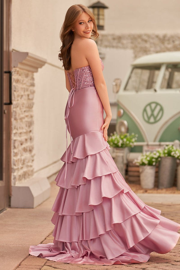 Charming Mermaid Strapless Pink Satin Long Prom Dresses with Appliques – Prom Dresses by KissProm | Available at KissProm