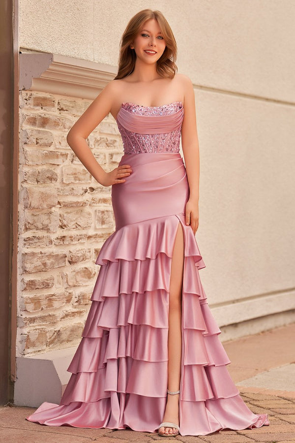 Charming Mermaid Strapless Pink Satin Long Prom Dresses with Appliques – Prom Dresses by KissProm | Available at KissProm