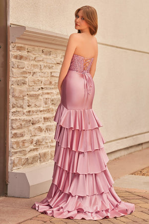 Charming Mermaid Strapless Pink Satin Long Prom Dresses with Appliques – Prom Dresses by KissProm | Available at KissProm