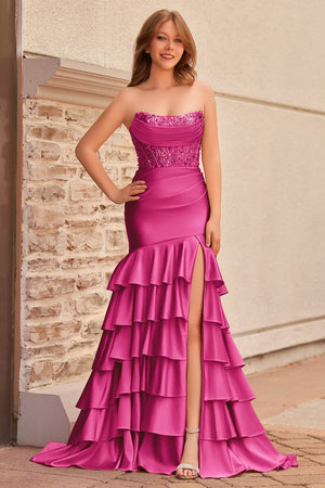 Charming Mermaid Strapless Pink Satin Long Prom Dresses with Appliques – Prom Dresses by KissProm | Available at KissProm