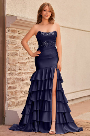 Charming Mermaid Strapless Pink Satin Long Prom Dresses with Appliques – Prom Dresses by KissProm | Available at KissProm