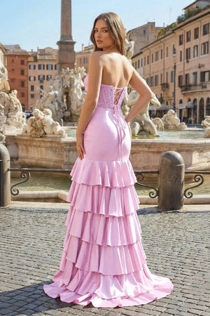 Charming Mermaid Strapless Pink Satin Long Prom Dresses with Appliques – Prom Dresses by KissProm | Available at KissProm