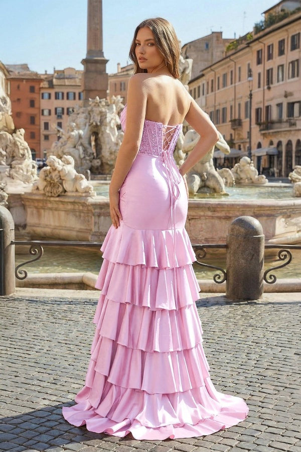 Charming Mermaid Strapless Pink Satin Long Prom Dresses with Appliques – Prom Dresses by KissProm | Available at KissProm