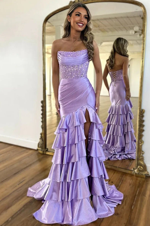 Charming Mermaid Strapless Pink Satin Long Prom Dresses with Appliques – Prom Dresses by KissProm | Available at KissProm