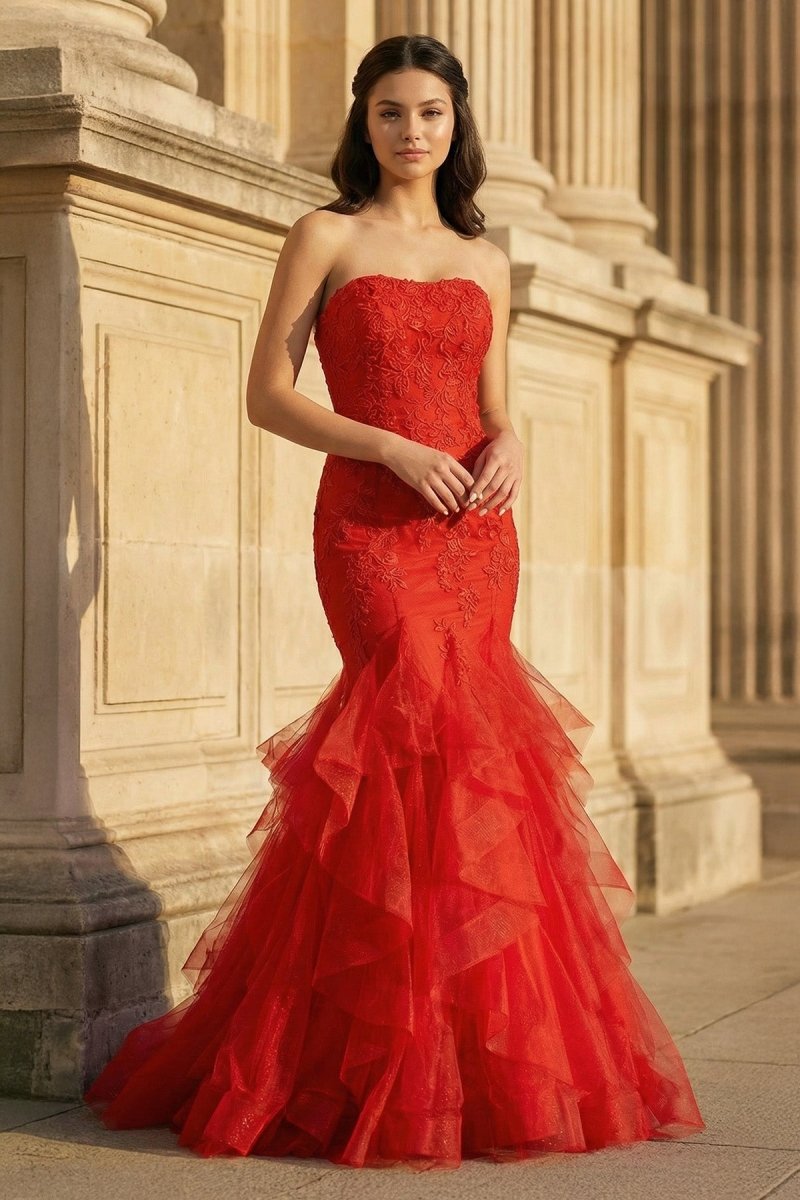 Strapless Mermaid Red Lace Long Prom Dresses with Ruffles - KissProm