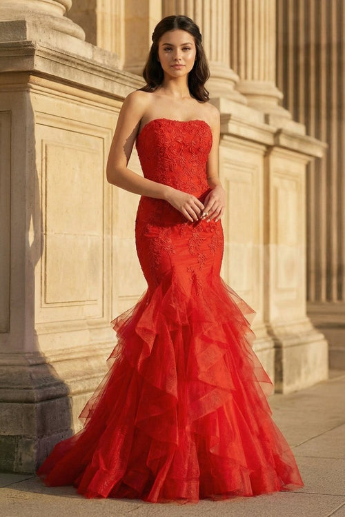 Strapless Mermaid Red Lace Long Prom Dresses with Ruffles - KissProm