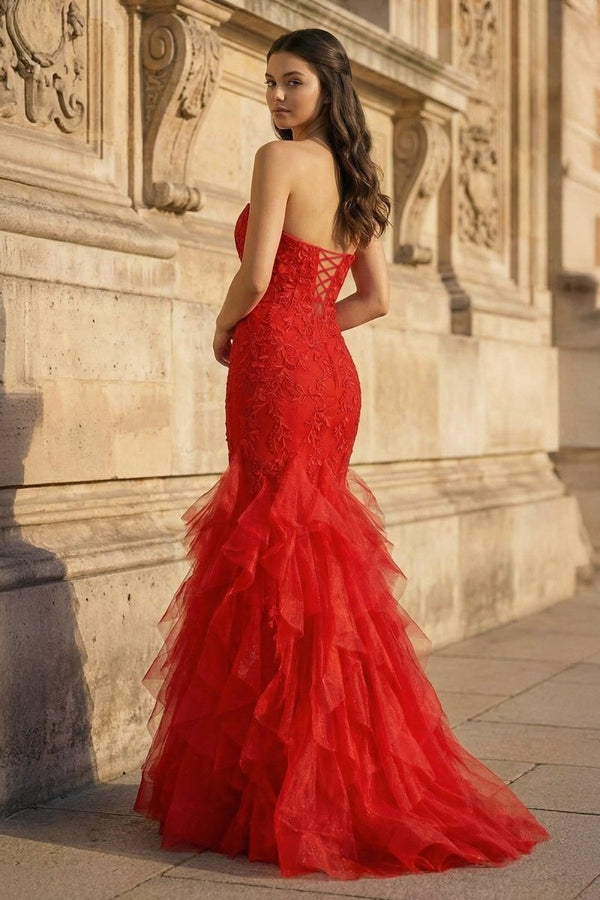 Strapless Mermaid Red Lace Long Prom Dresses with Ruffles - KissProm